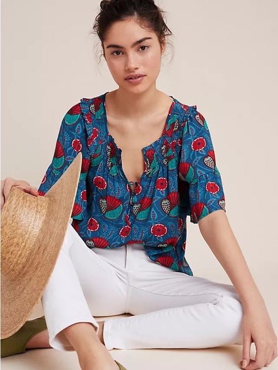 Maeve Tops - Maeve Teal Floral Ruffle V-Neck Blouse with Red Accents